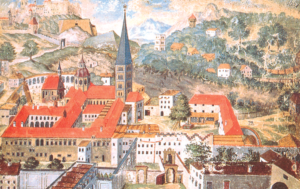 St. Peter in Salzburg, das älteste Kloster im deutschen Sprachraum, im Jahre 1657. Gouache von P. Thiemo Sing