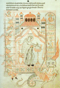Der hl. Benedikt schreibt die Klosterregel. Darstellung in einem Codex des 12. Jhs.
