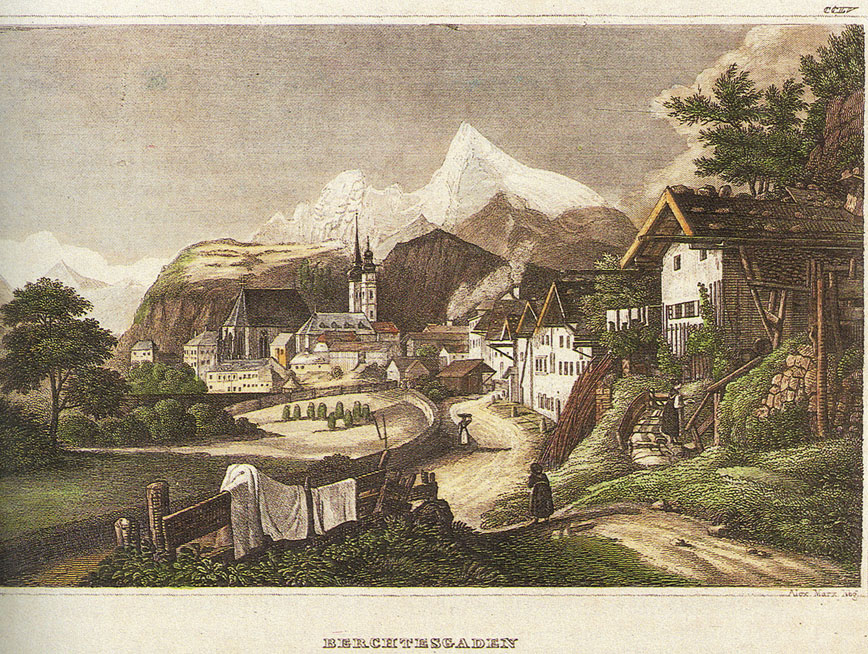 Der Markt Berchtesgaden um 1818. Kolorierter Stahlstich (vor 1839) von Alexander Marx nach Johann Adam Klein © Oskar Anrather