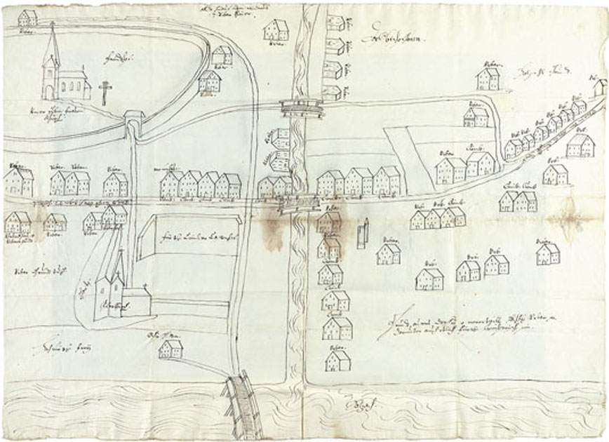 Ortsplan von Bischofshofen aus 1674, im linken unteren Viertel die Chiemseeische Hofmark. (SLA, Pfleggericht Werfen 63. Fach 1, Nr. 17, Reproduktion SLA)