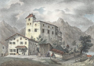 Burg Golling um 1833 (Kolorierte Lithographie von Gustav Kraus, Druck J. B. Dreseli, Reproduktion SLA)