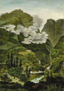 Pass Lueg mit den Befestigungsanlagen, Mitte 19. Jh. (Kolorierte Lithographie aus: Diorama oder Rundbild des Herzogthums Salzburg nach Franz Anton Alexander von Braune, Reproduktion SLA)