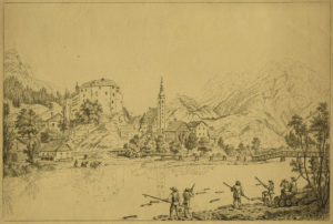 Golling von Westen mit zerstörter Salzachbrücke um 1820 (Karl Ludwig Friedrich Viehpeck gezeichnet, radiert von Johann Christoph Erhard und Johann Adam Klain, SLA, Reproduktion SLA)