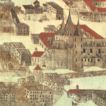 Der romanische Salzburger Dom, Ausschnitt aus der Stadtansicht 1553 in der Erzabtei St. Peter. Über dme Dom sind die roten Dächer des Domstifts zu erkennen, das direkt südlich an den Dom angebaut war. Links vom Dom liegt das Spital des Domkapitels. © H. Dopsch