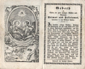 Die hll. Primus und Felician auf einem Gebetszettel, um 1800 © J. Lang