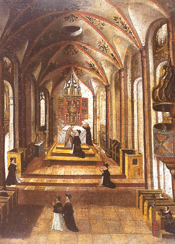 Historische Innenansicht der Müllner Kirche um 1610 mit den Raitenauer Grabkapellen und dem gotischen Hochaltar © A. Hahnl