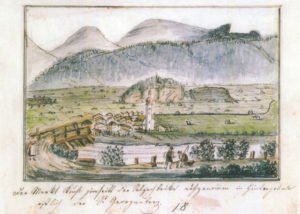 Der Markt Kuchl, von jenseits der Salzachbrücke gesehen, (aus: Bürgerbuch Kuchl) © Repro Marktgemeinde Kuchl