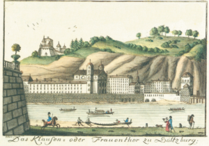 Kirche und Kloster der Ursulinen mit dem Klausentor (rechts). Radierung von Carl Schneeweis um 1800 © C. Schneeweiss