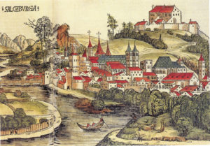 Älteste Ansicht der Stadt Salzburg, um 1460. Altkolorierter Holzschnitt von Michael Wolgemut in der Weltchronik des Hartmann Schedel, Nürnberg 1493. © H. Dopsch/J. Lang