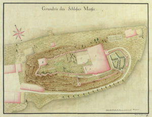 Grundriss des Schlosses Mattsee um 1780. (kolorierter Plan von Joseph Mattseeroider, SLA Landschaft XIV.46; Reproduktion SLA)