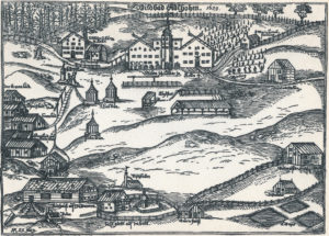 Das Wildbad Adelholzen auf einem Holzschnitt von 1629 © J. Lang
