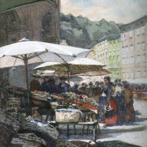 Carl Pippich, Markt auf dem Universitätsplatz in Salzburg 1905. Aquarell und Temperea über Bleistift auf papier, Salzburg Museum. © H. Dopsch/J. Lang