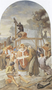 Der hl. Rupert erbaut die Peterskirche am Wallersee. Wandgemälde in der Stiftskirche Seekirchen von Ludwig Maier, 1894. © J. Adlmanseder