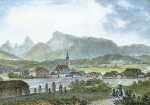 Seekirchen gegen Süden. Kolorierte Kreidelithographie von Georg Pezolt um 1840. © J. Adlmanseder/H. Dopsch