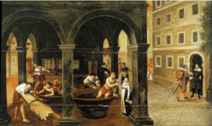 Die Ledererherberge in Salzburg (rechts) mit allegorischen Szenen aus der Lederherstellung. Öl auf Leinwand, 1615, Salzburg Museum. © H. Dopsch/J. Lang