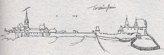 Im Schutz der Burg entwickelte sich Traunstein zu einer Stadt mit zentralörtlicher Funktion. Ansicht bei Philipp Apian um 1560 © J. Lang/Stadtarchiv Bad Reichenhall